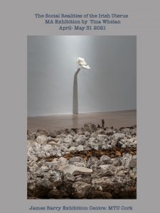 Poster for Tina Whelan's MA exhipition in the James Barry Exhibition Centre. Featured image is that part of the exhibition. A sculpture of a foot suspented in the air over rocks and rubble.
