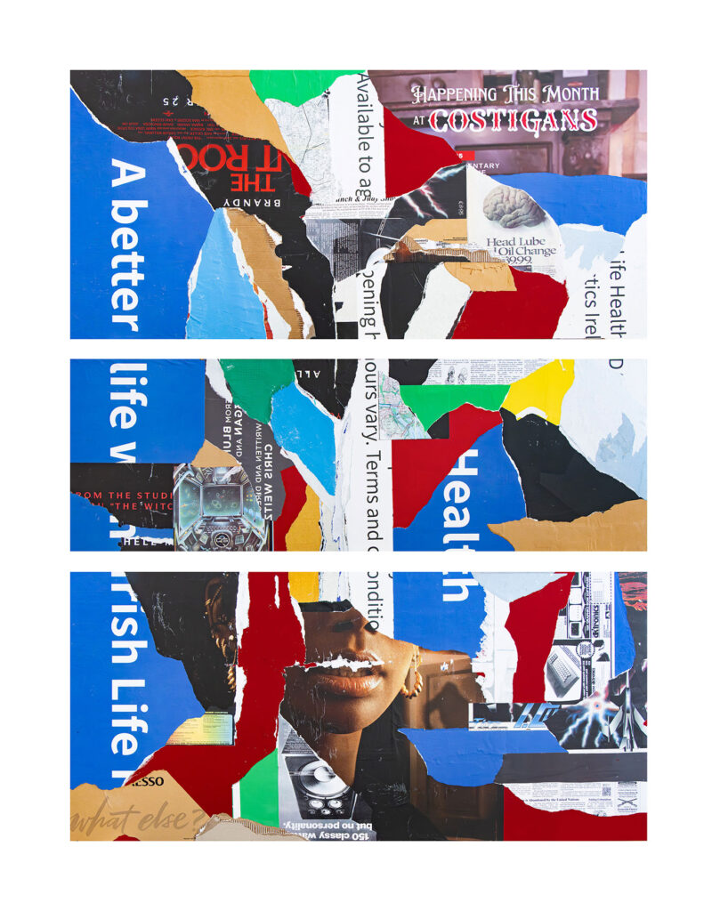 "Stargate" is a collage about transformation— how seemingly unrelated fragments come together to form something whole, something with new meaning.The materials I’ve used—a blend of Irish and American advertisements, movie posters, and maps of Washington, D.C.—reflect not only the shared bond between the two countries through the history of Irish immigration to the United States, but also the way cities, identities, and cultures evolve over time. These elements, once separate, now intersect, much like the people who have shaped both places. At its heart, this piece explores identity—how it is formed, shaped, and reclaimed. In a world where technology, media, and external forces constantly redefine who we are supposed to be, it’s easy to lose sight of our own story. Collage, by its very nature, resists that erasure. It is an act of self-authorship, a process of reclaiming meaning from scattered fragments. By layering history, memory, and geography, this artwork speaks to the idea that identity is not fixed but something we continually reconstruct—an ongoing dialogue between where we come from and where we are going. The result is a visual tapestry of personal and collective narratives. Each tear, overlap, and juxtaposition represents a step in our shared journey— one that invites viewers to reflect on their own experiences of transformation. Ultimately, I hope this piece resonates as a reminder that, like collage, we are each a blend of diverse influences and stories, and in that complexity lies our true strength and authenticity.