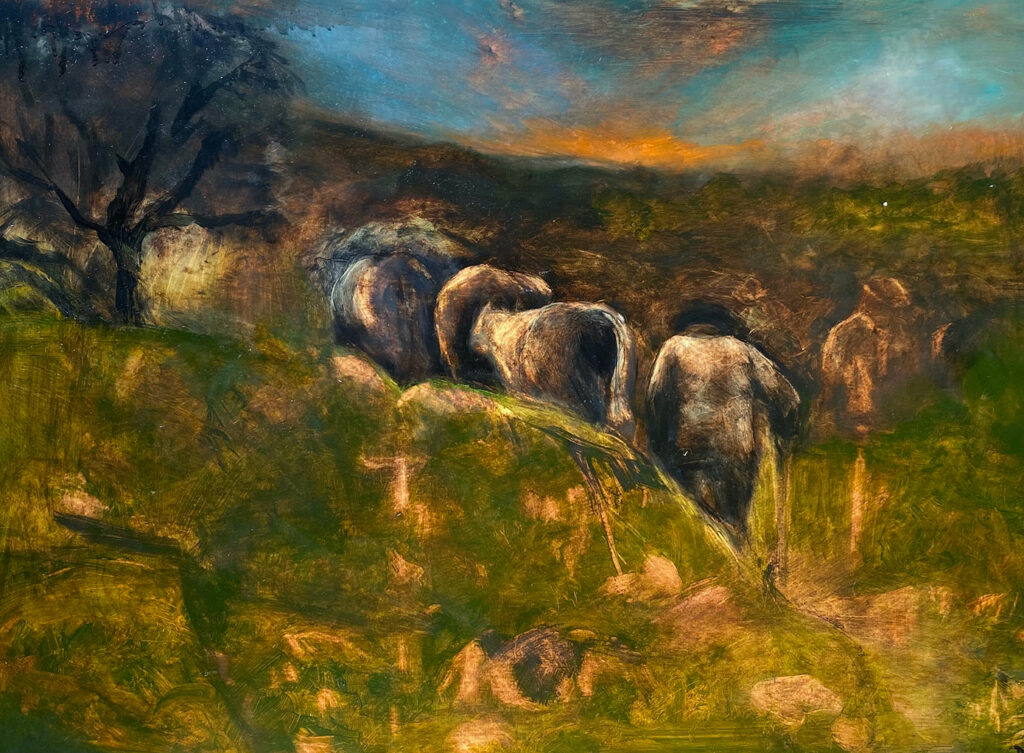 Herdsmen. 50 x 70 cm. Oil on a gessoed panel. 2023